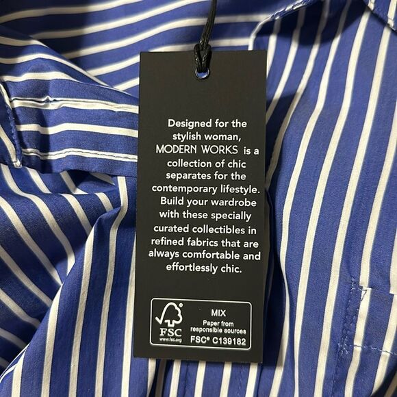Modern Works XL White Blue Vertical Stripe Collared Button Down Long Sleeve - Picture 10 of 16